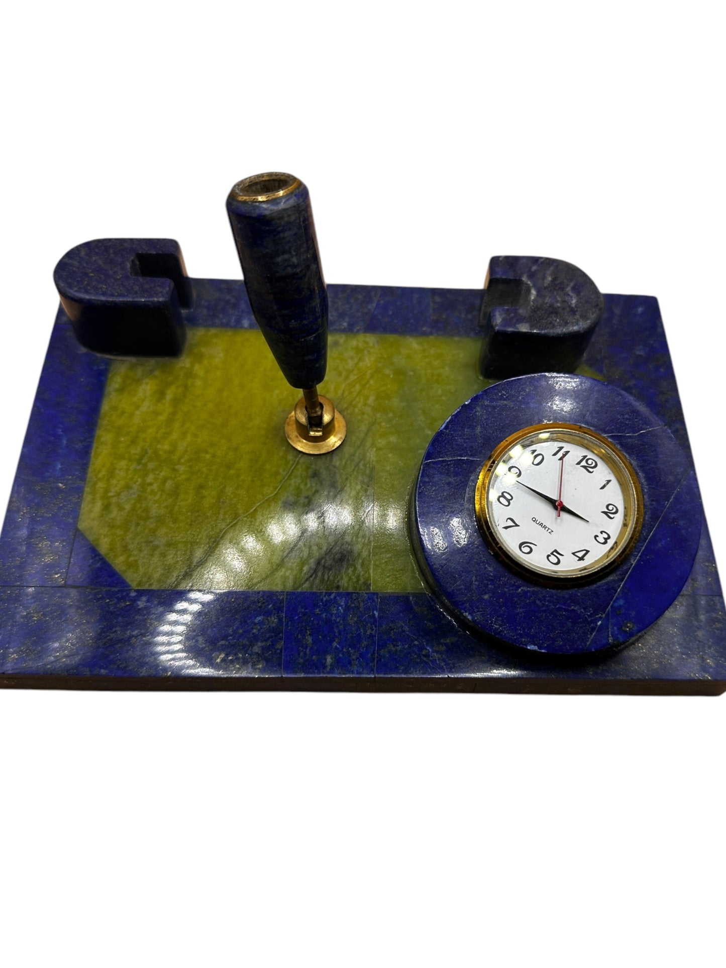 Lapis Lazuli Table Pen and Business Holder with Clock | Unique Serpentine Accent | 6.2” x 4.5” | Elegant Desk Accessory