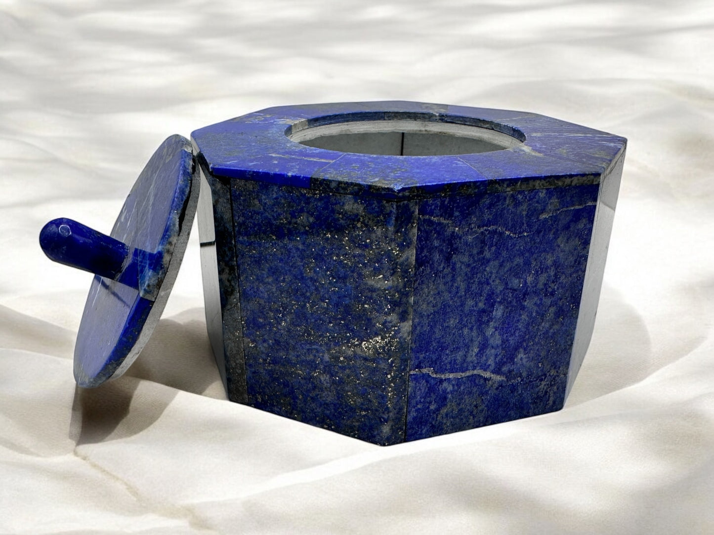 Lapis Lazuli Octagonal Canister with Lid – Royal Blue Stone (4.5” x 3.5”) | Handmade Afghan Gemstone Box