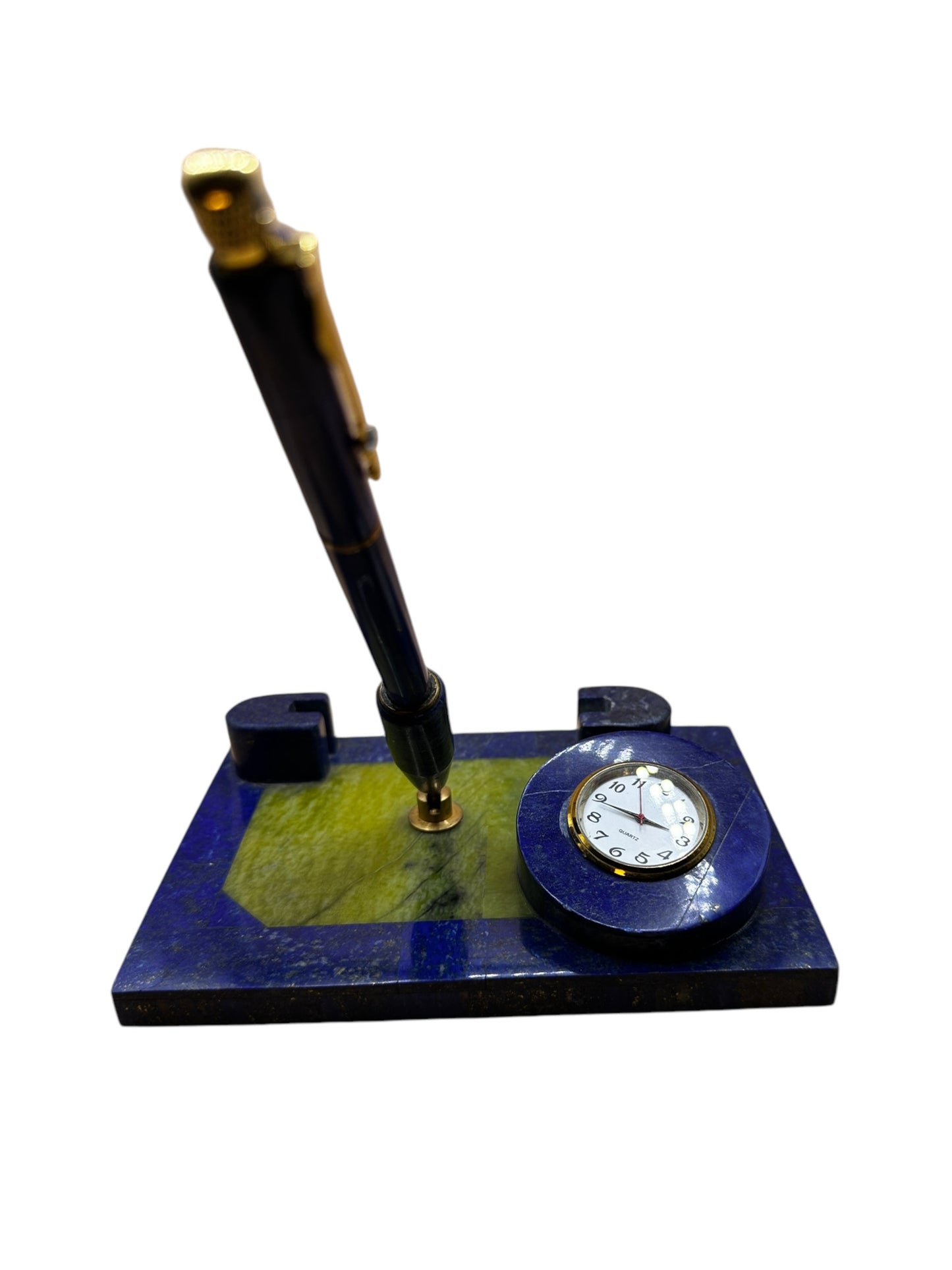 Lapis Lazuli Table Pen and Business Holder with Clock | Unique Serpentine Accent | 6.2” x 4.5” | Elegant Desk Accessory