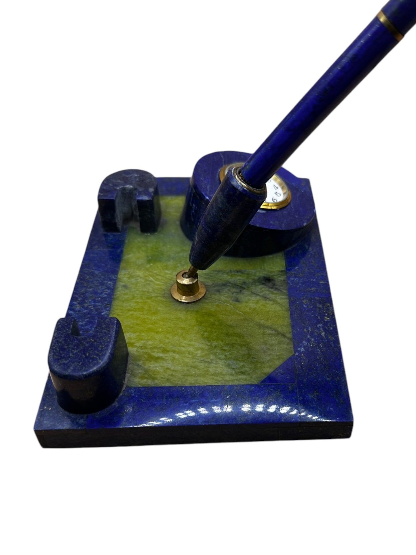 Lapis Lazuli Table Pen and Business Holder with Clock | Unique Serpentine Accent | 6.2” x 4.5” | Elegant Desk Accessory