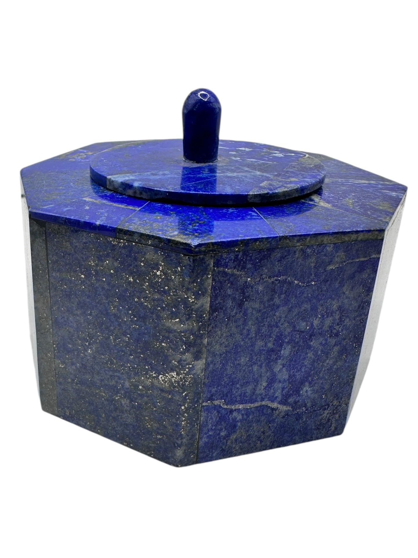 Lapis Lazuli Octagonal Canister with Lid – Royal Blue Stone (4.5” x 3.5”) | Handmade Afghan Gemstone Box